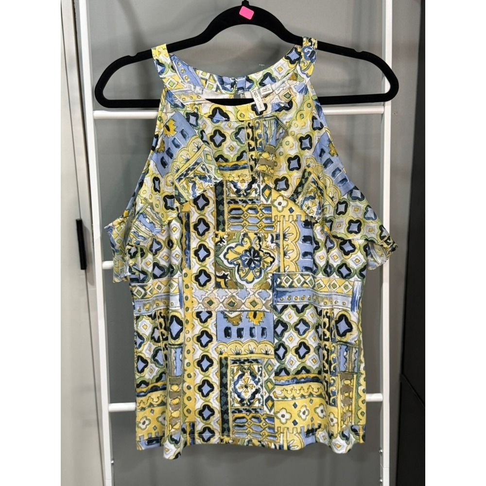 Cato Womens Yellow Blue Geometric Tile Print Cold Shoulder Ruffle Top Size M NWT
